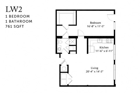 Floor plan for 1 bed, 1 bath, 761 sqft
